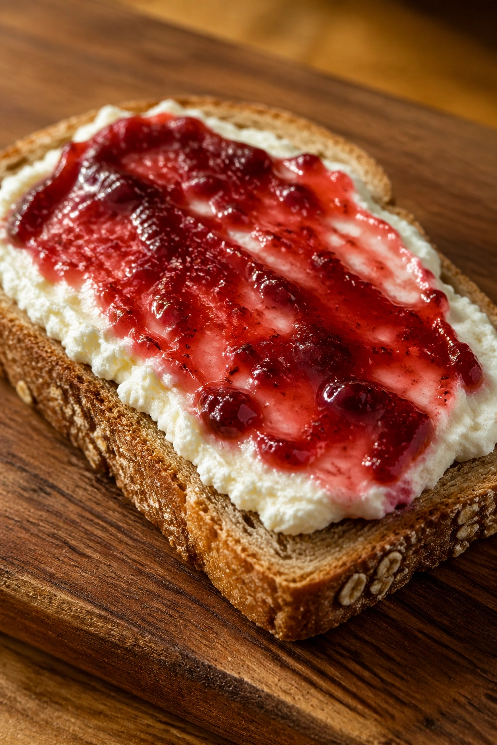 Toast with ricotta and jam close-up