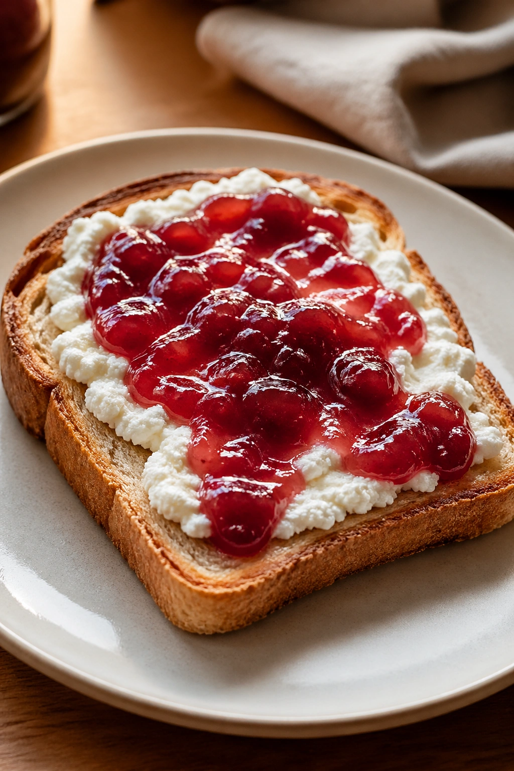 Toast with ricotta and jam on plate