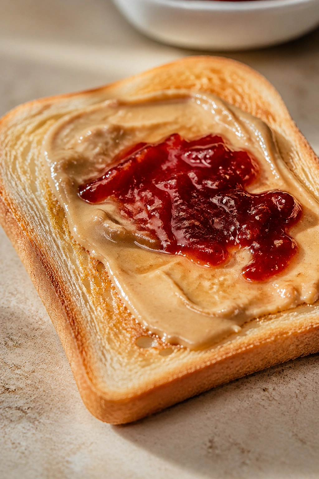 Toast with tahini and jam spread in thin layer on a slice of bread