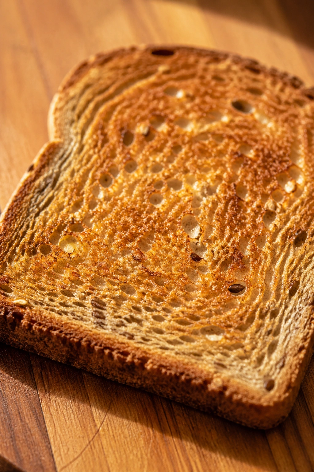 Close-up of a toasted slice of whole-grain bread with seeds