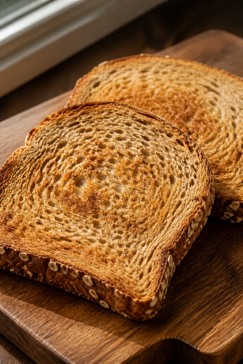 Close-up of two slices of whole-grain toast filling the frame