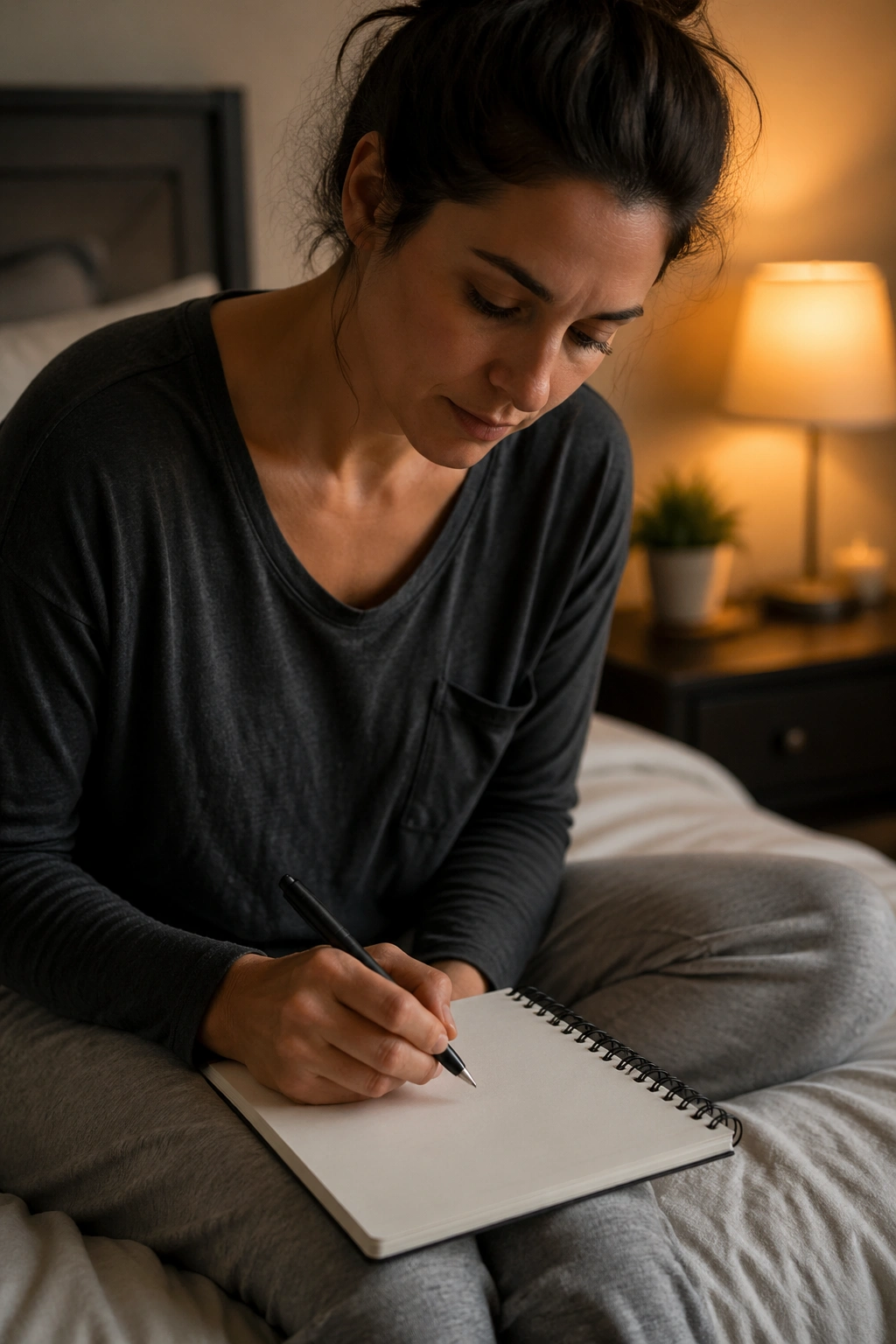 Person about to write on a blank notebook beside the bed