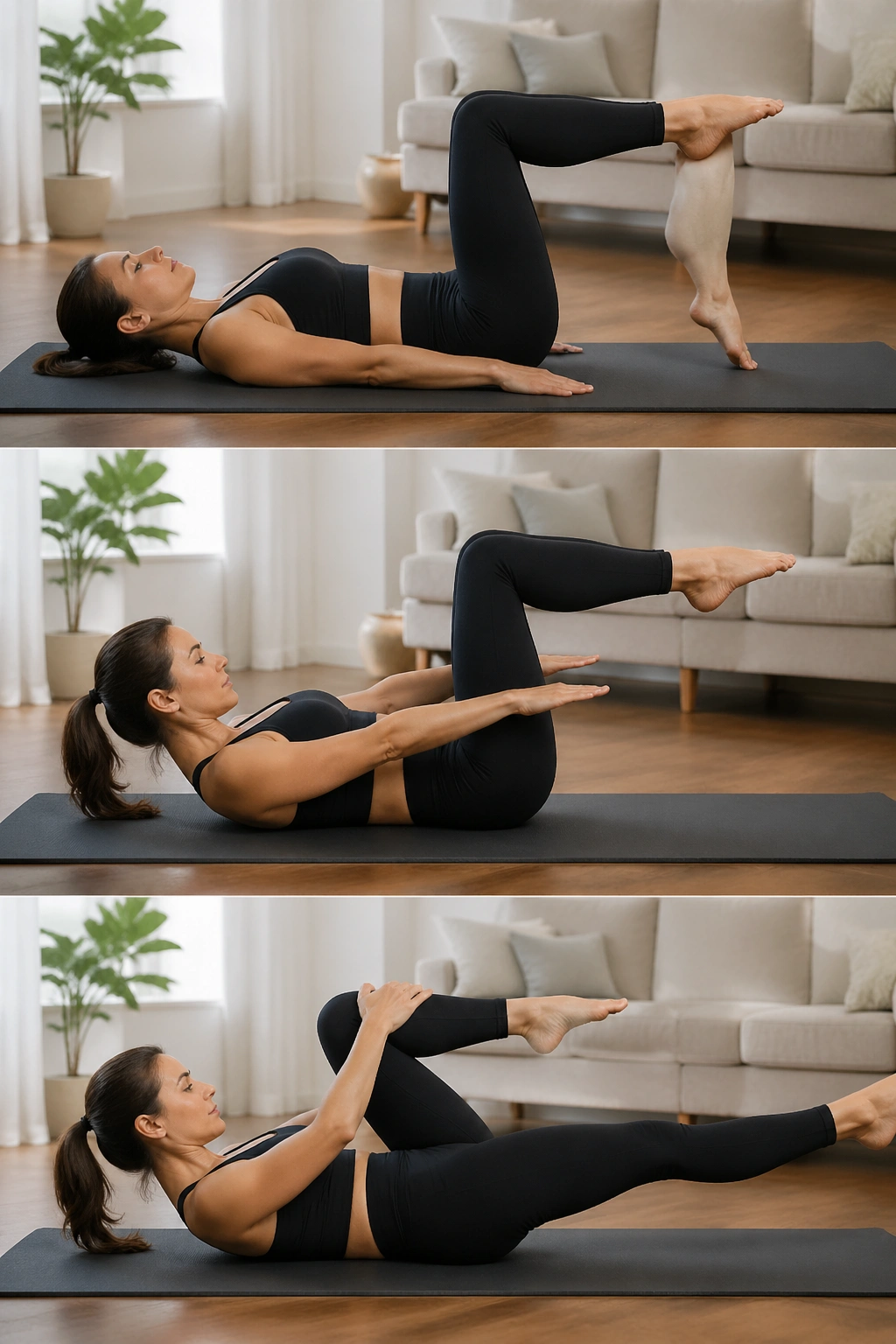 Back-lying person performing toe-tap and hundred prep core work on a mat.