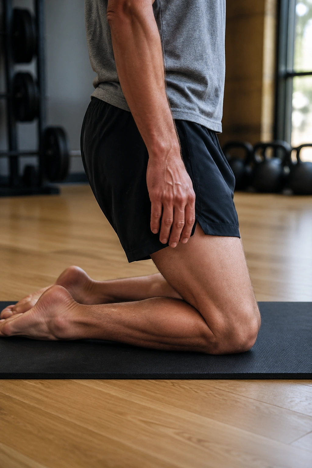 Close-up of a person performing Toe-Up Shin Stretch on a gym mat, shins lengthening as hips sit back