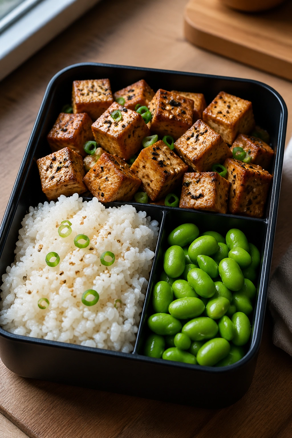 Close-up of tofu, rice, and edamame in a bento box on a wooden surface