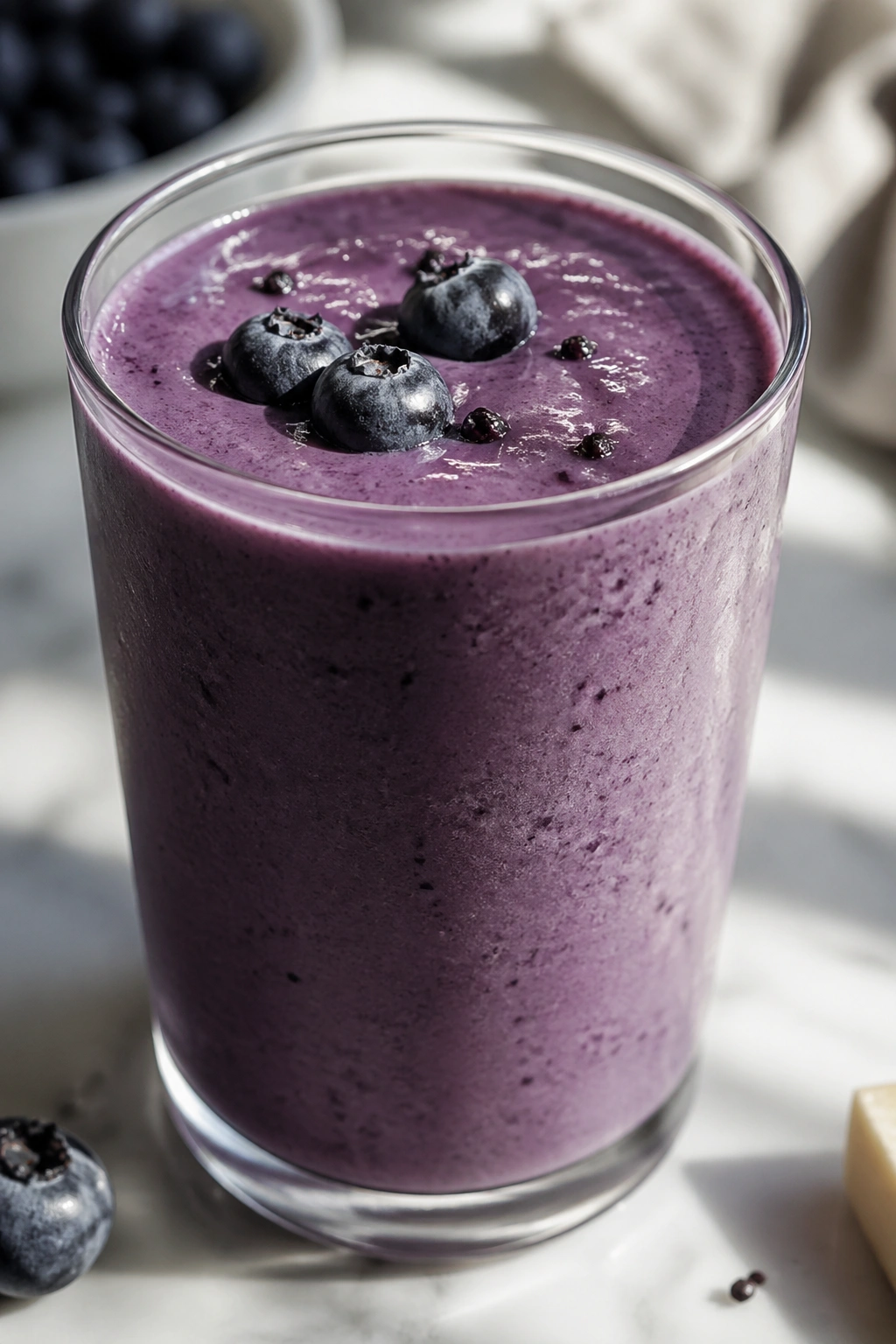 Close-up of silken tofu blueberry shake in a glass on a kitchen counter