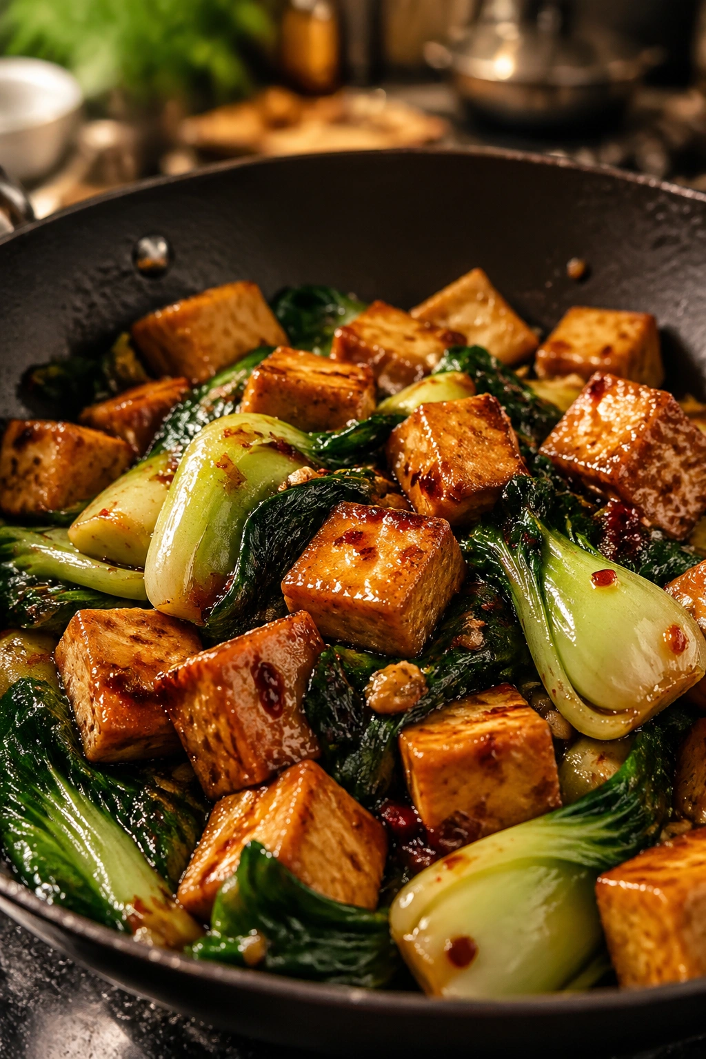 Close-up of spicy tofu and bok choy stir-fry in a pan
