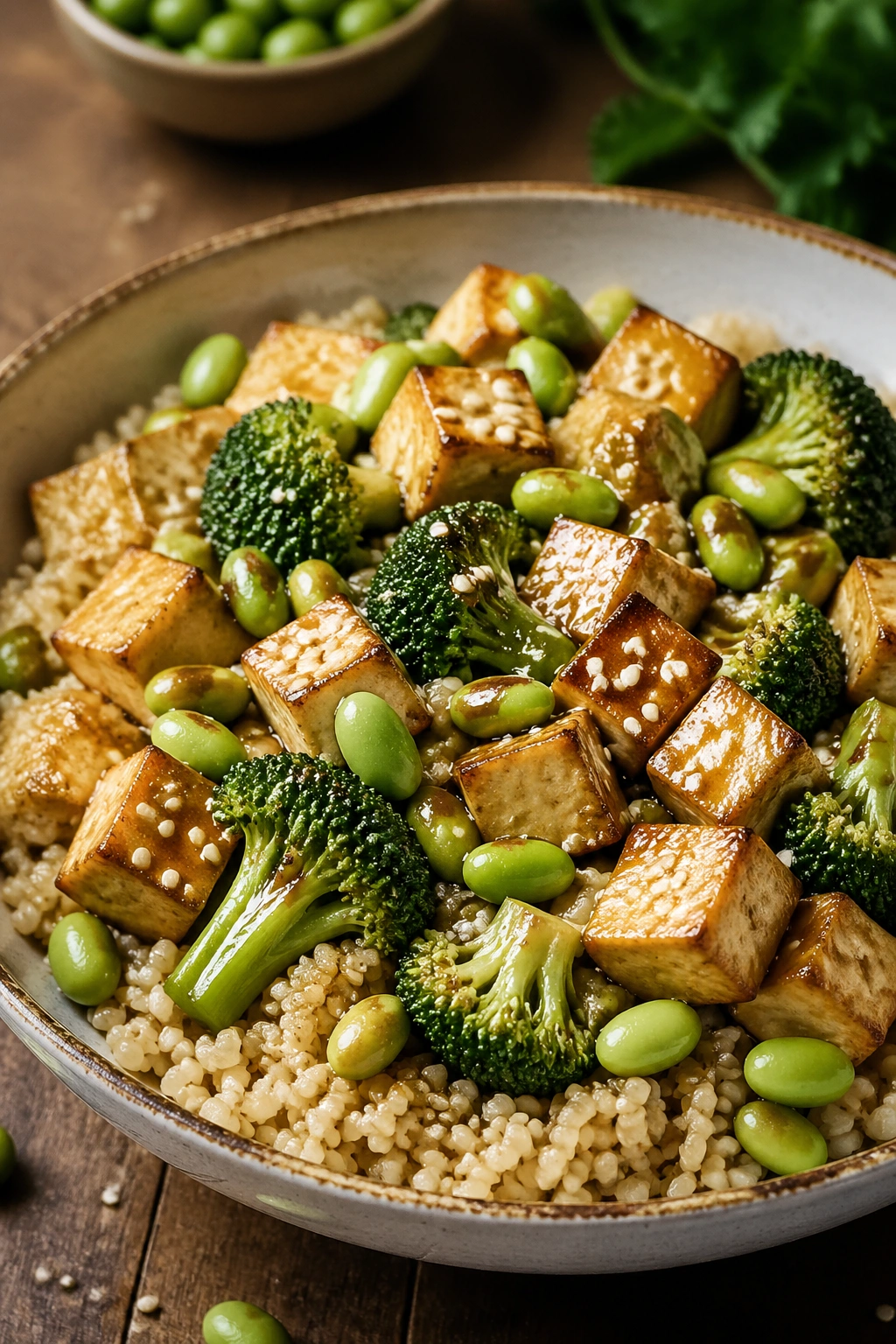 Close-up of a tofu broccoli edamame bowl with sesame-ginger sauce on a wooden kitchen counter