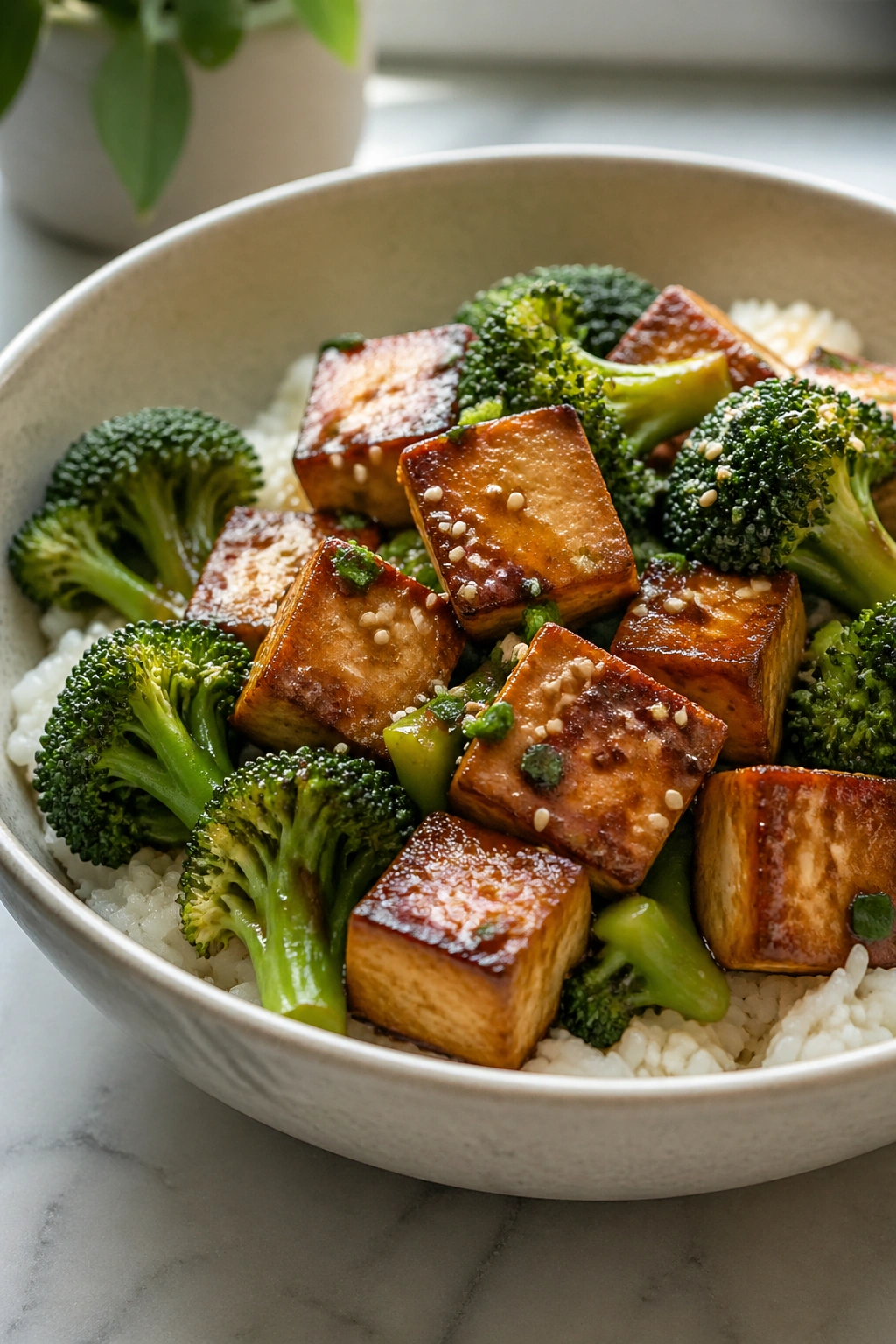 Close-up of tofu rice bowl with broccoli and sesame