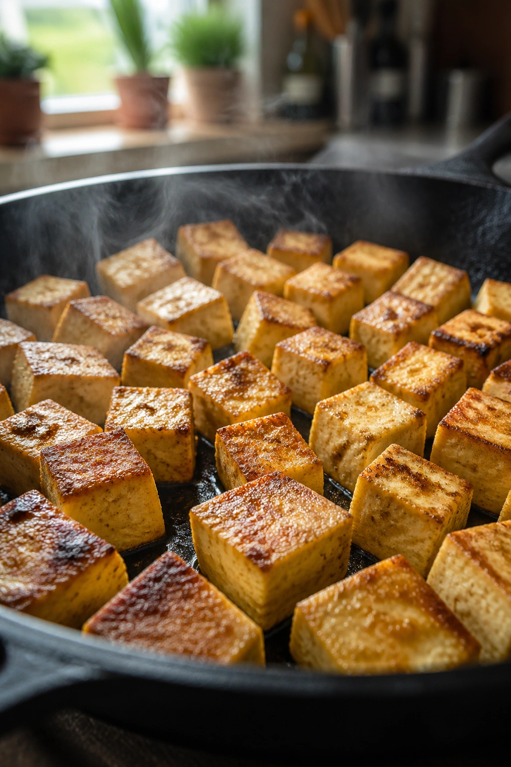 Close-up of browned tofu cubes in a skillet