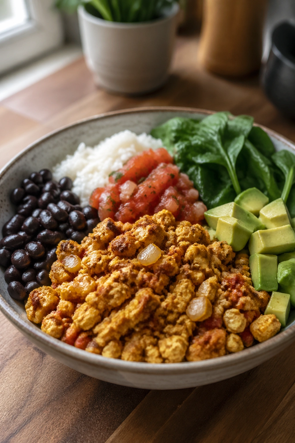 Close-up of a tofu scramble burrito bowl with beans, rice, salsa, spinach and avocado in a rustic bowl