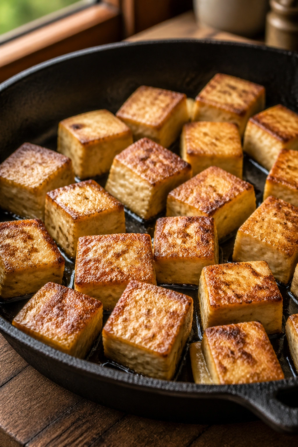 Close-up of golden-brown tofu cubes in a cast-iron skillet on a wooden counter