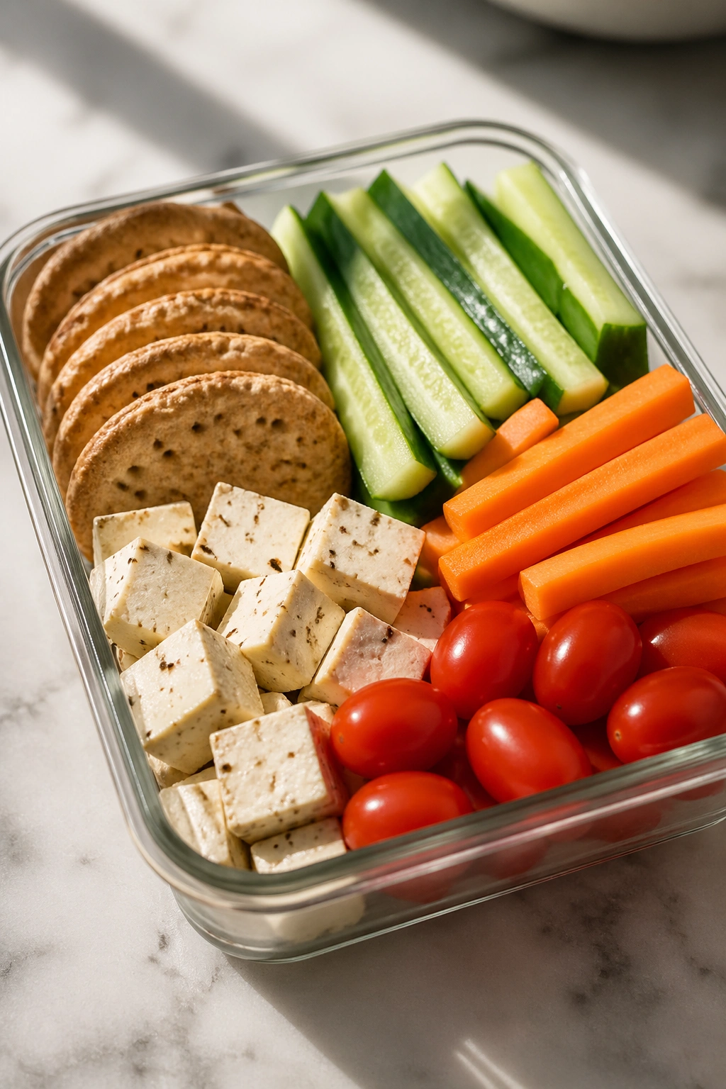 Tofu snack box with crackers and veggie sticks