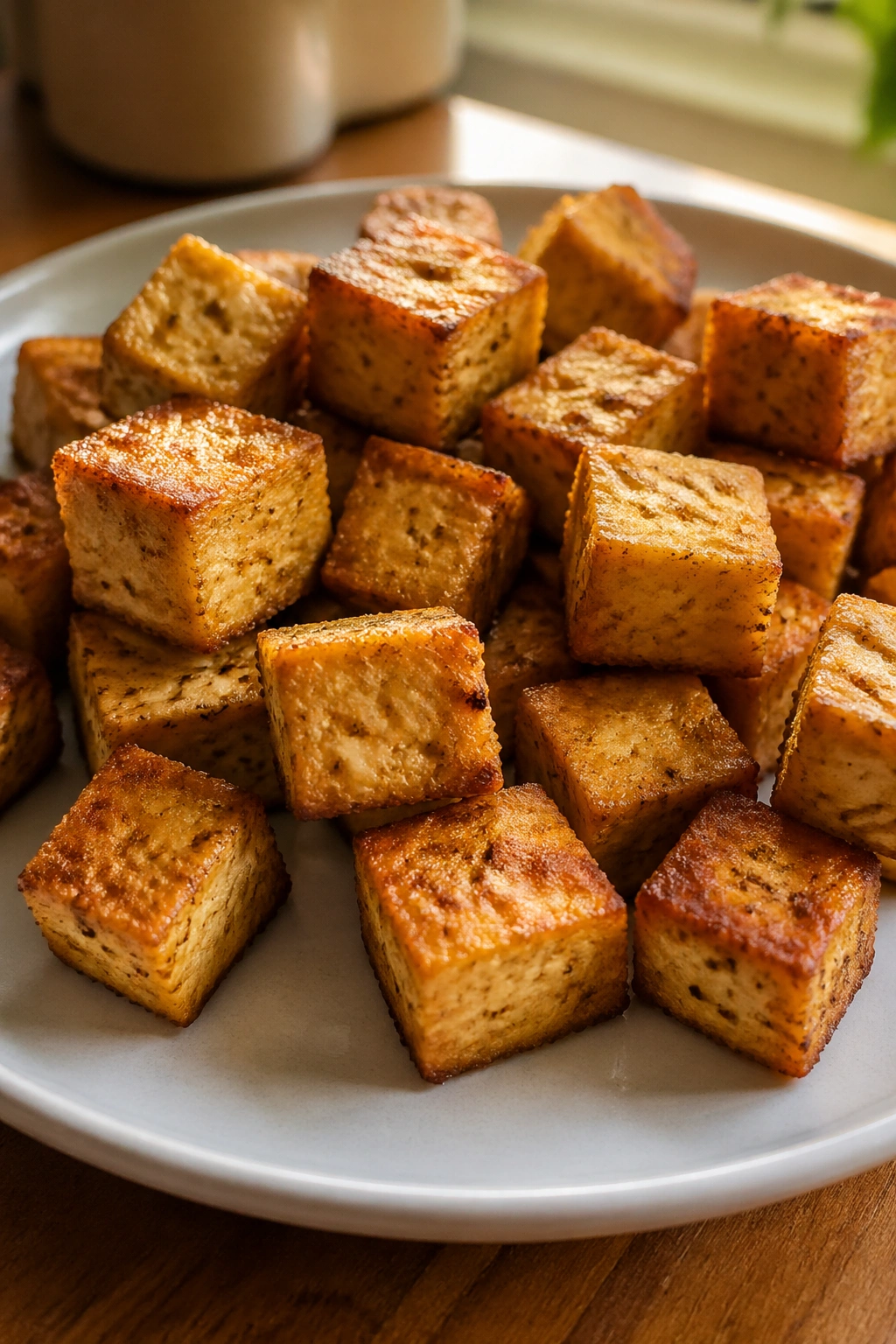 Golden crispy tofu cubes on plate, plant-based protein snack