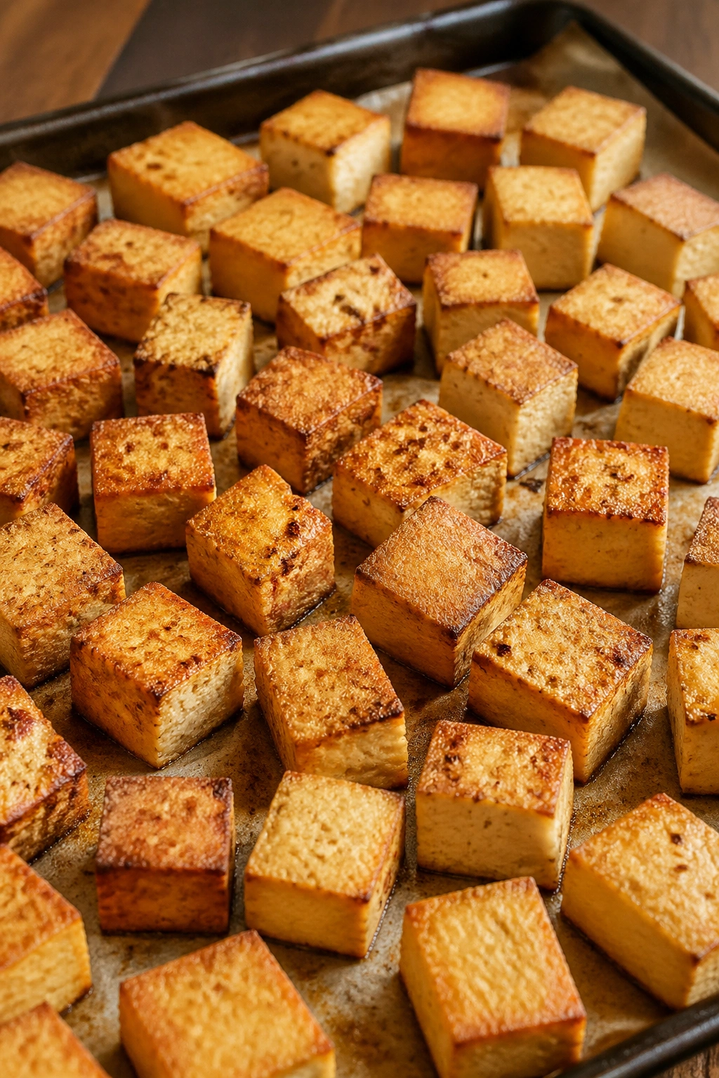 Close-up of crispy-edged tofu cubes in a home kitchen