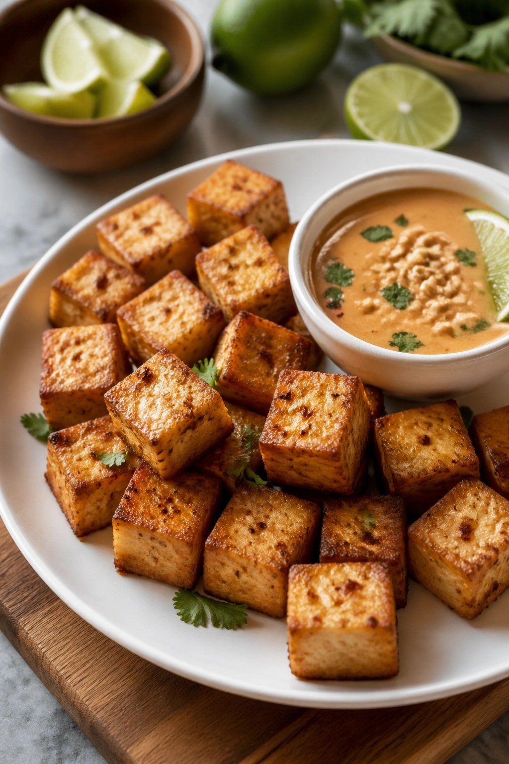 Crispy tofu cubes with peanut-lime dip on white plate
