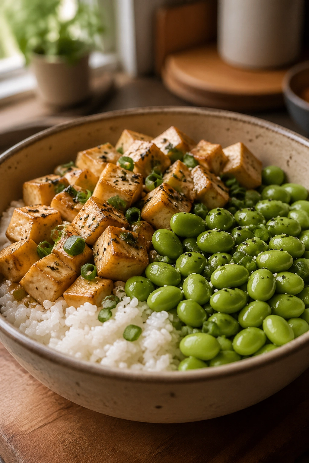 Close-up bowl of tofu, edamame, and rice