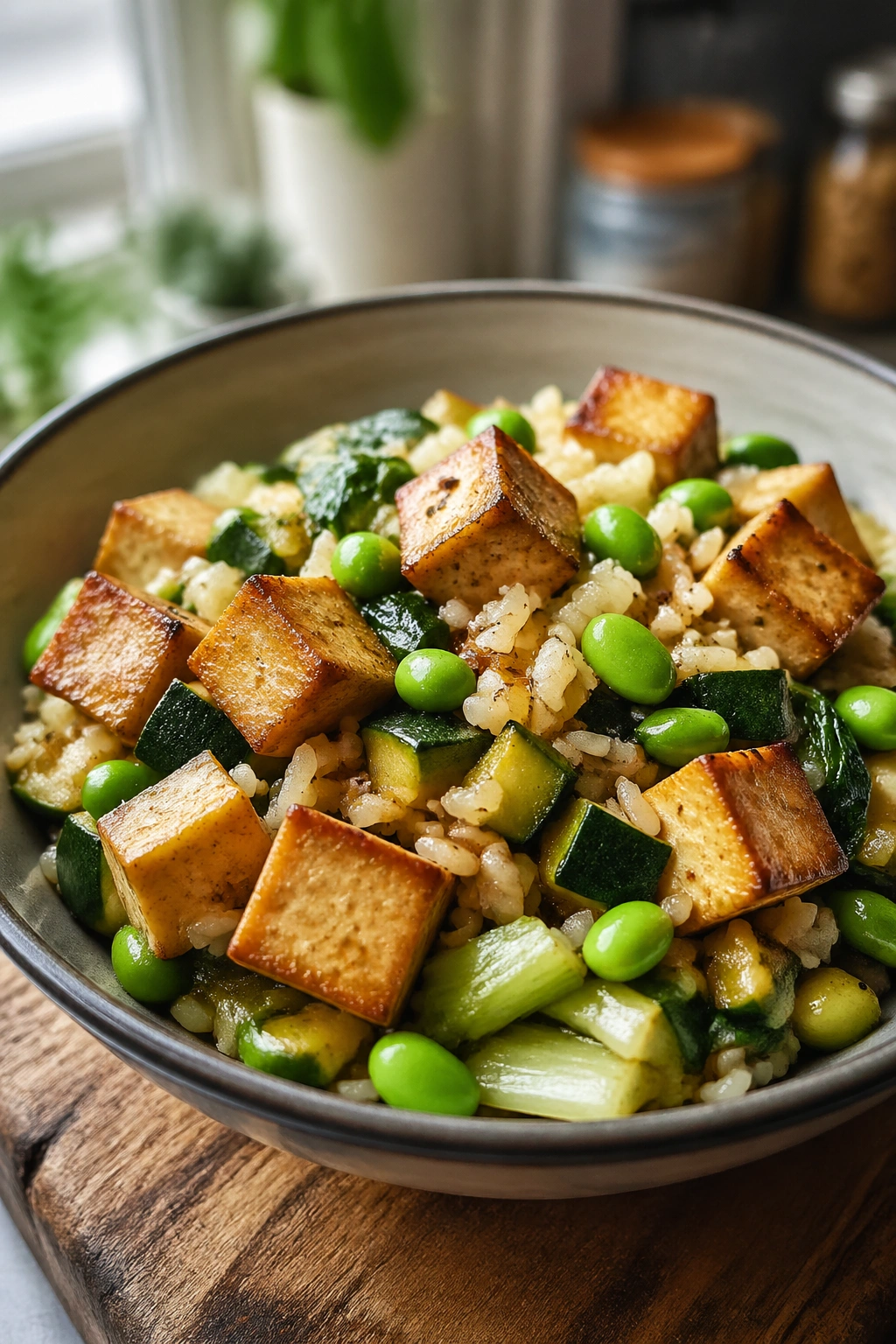 Close-up of tofu rice stir-fry with edamame in a bowl on a wooden counter