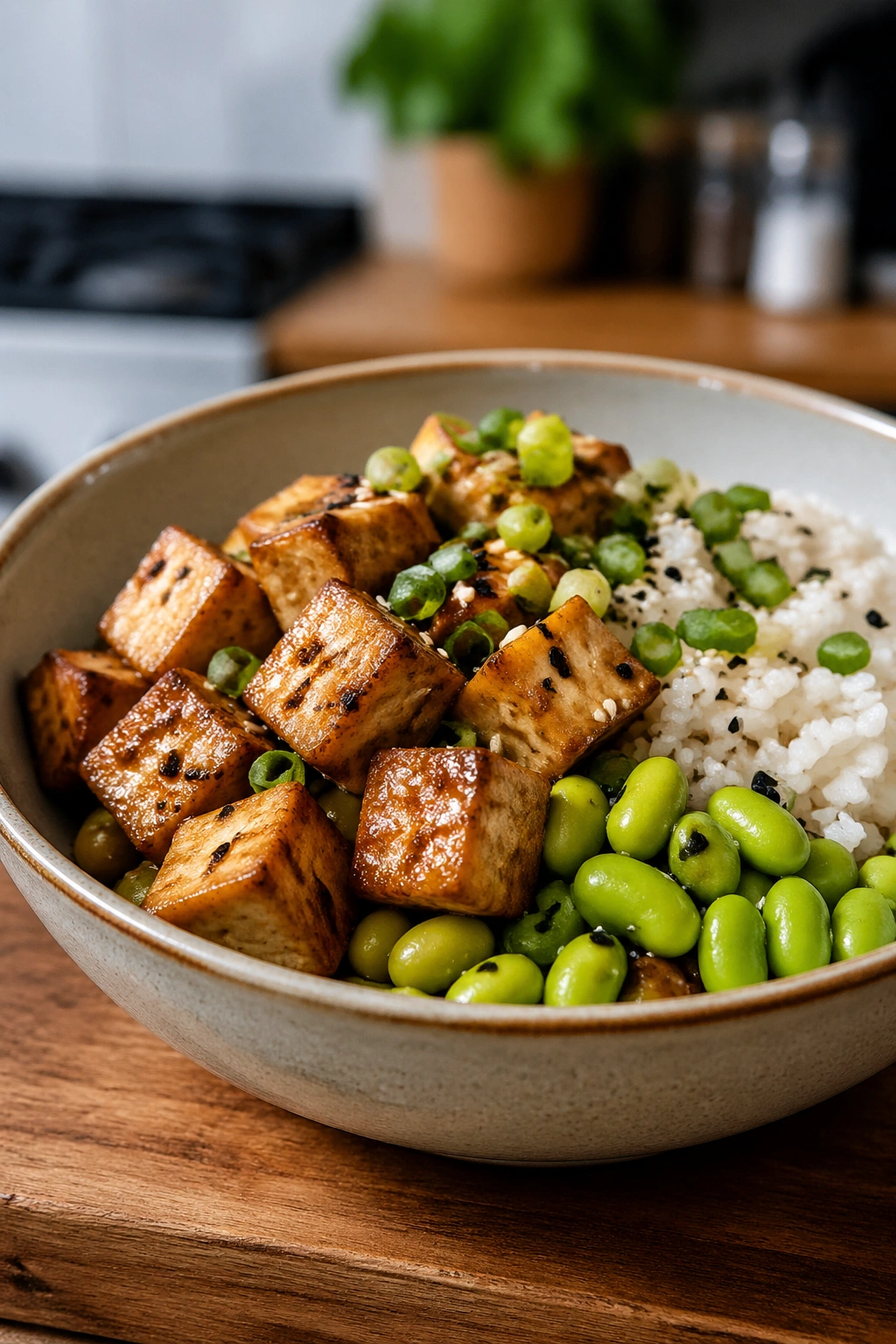 Close-up of tofu rice bowl with edamame and sesame in a kitchen setting