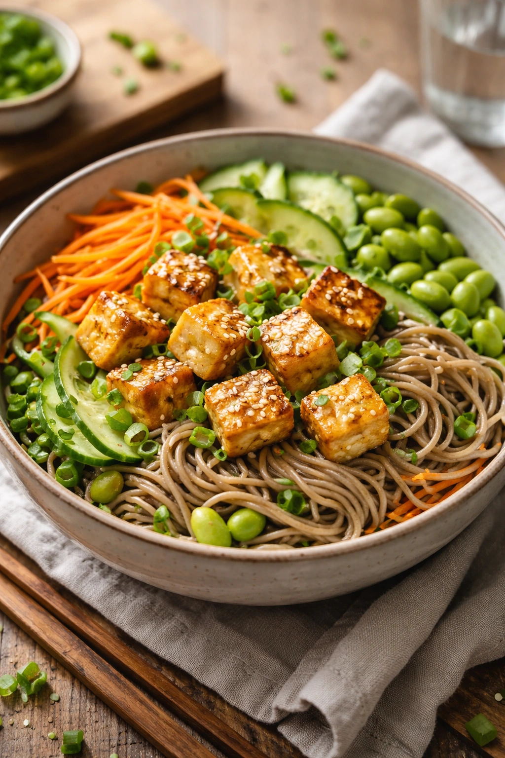 Tofu edamame soba bowl with vegetables in a home kitchen setting