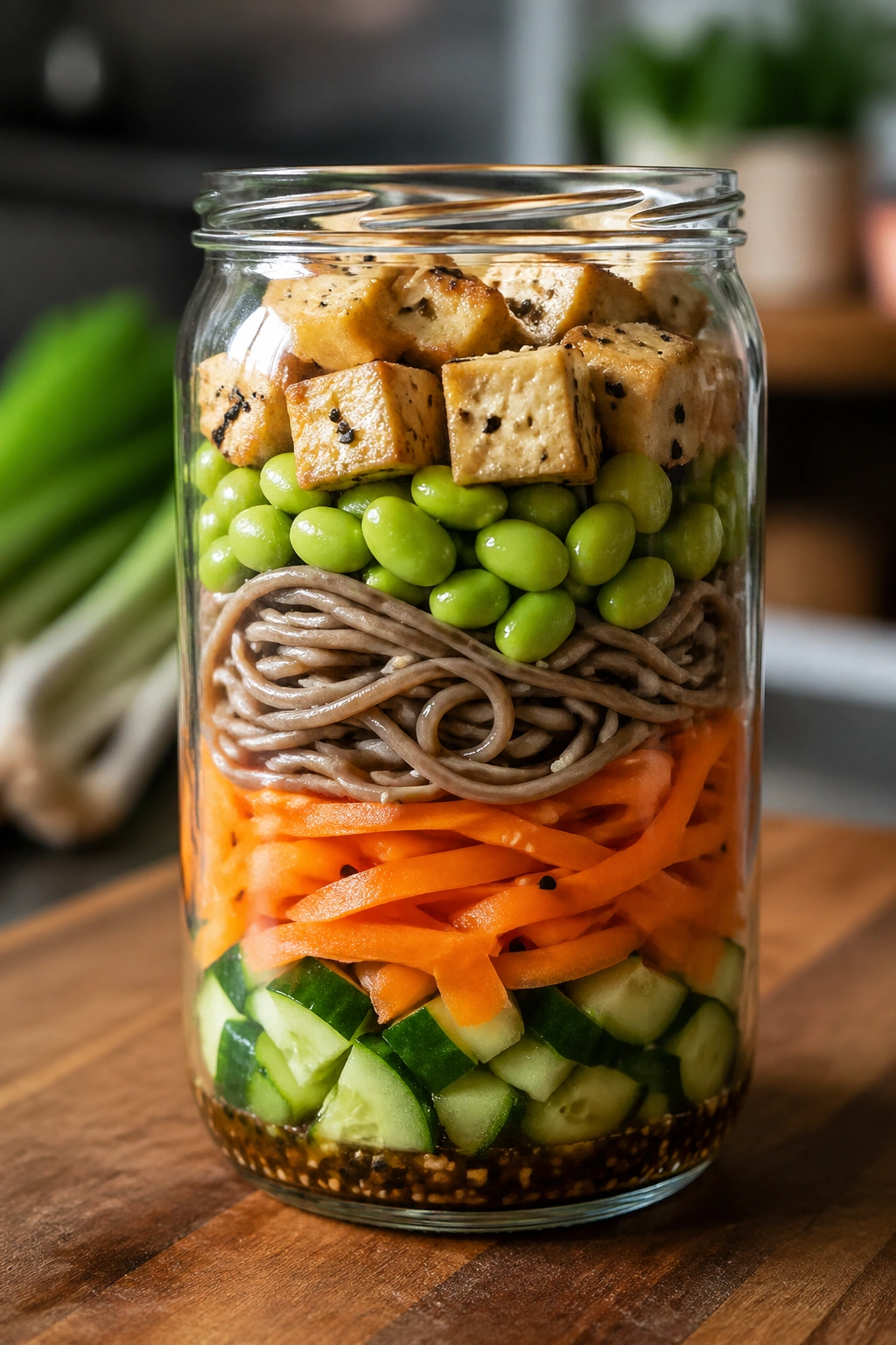 Layered tofu edamame soba jar with colorful vegetables