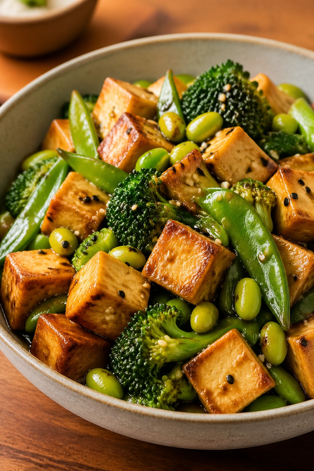 Tofu and edamame stir-fry in a vibrant bowl