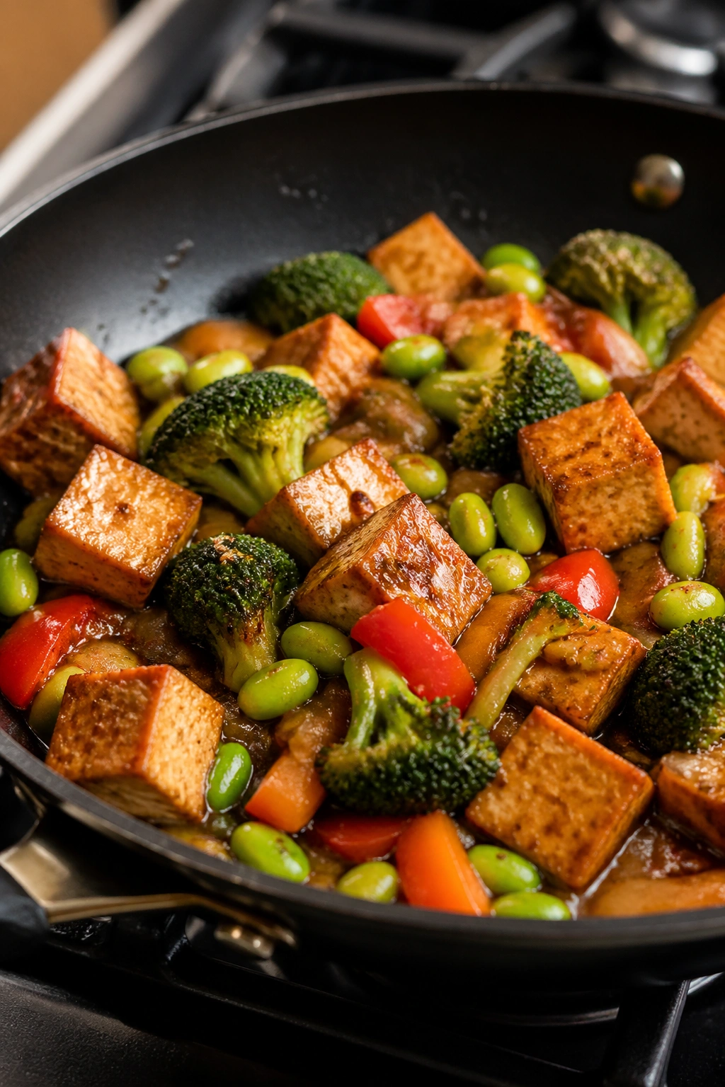 Close-up of tofu and edamame stir-fry in a skillet