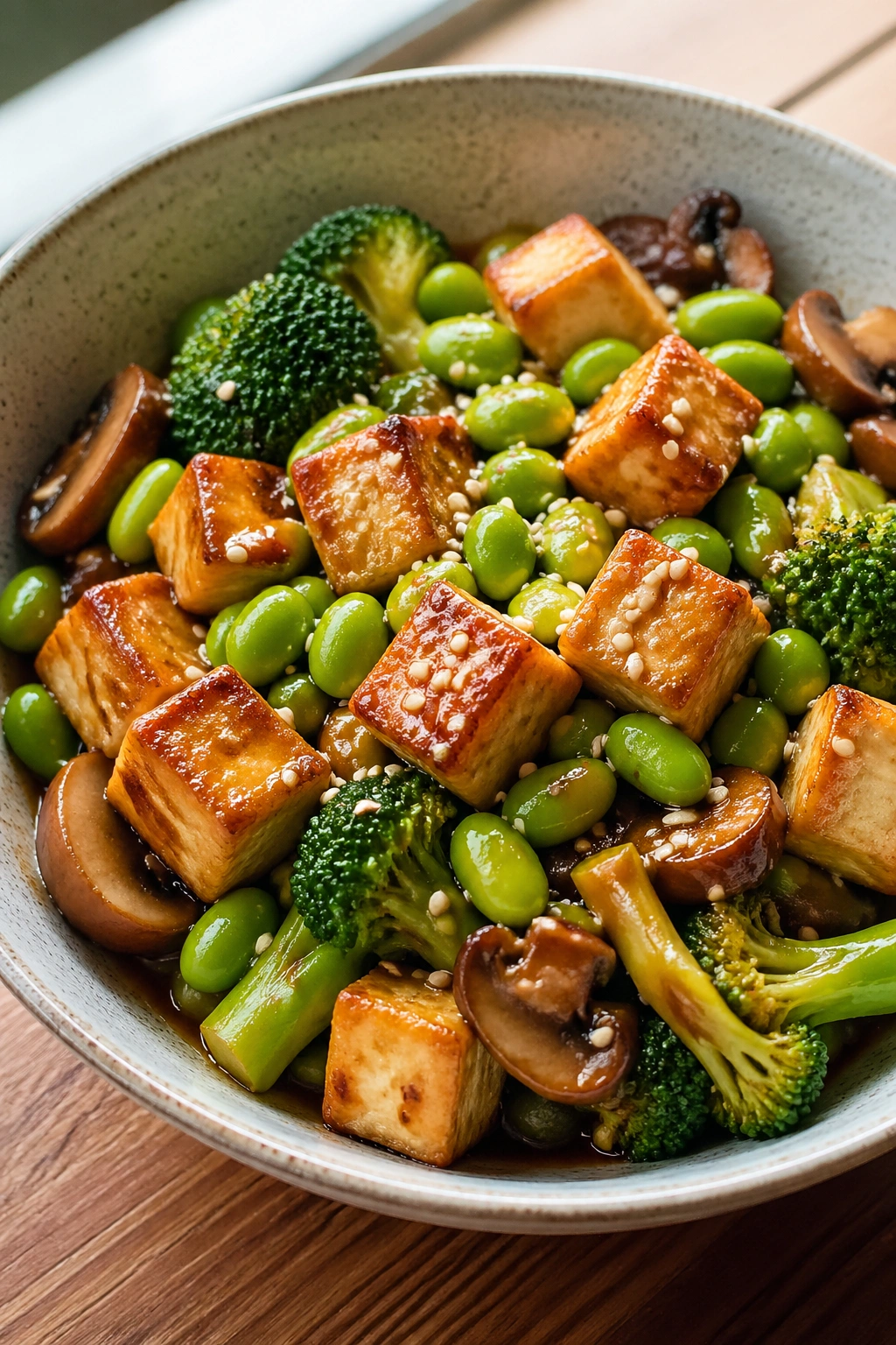 Close-up of crispy tofu with edamame and sesame vegetables in a bowl