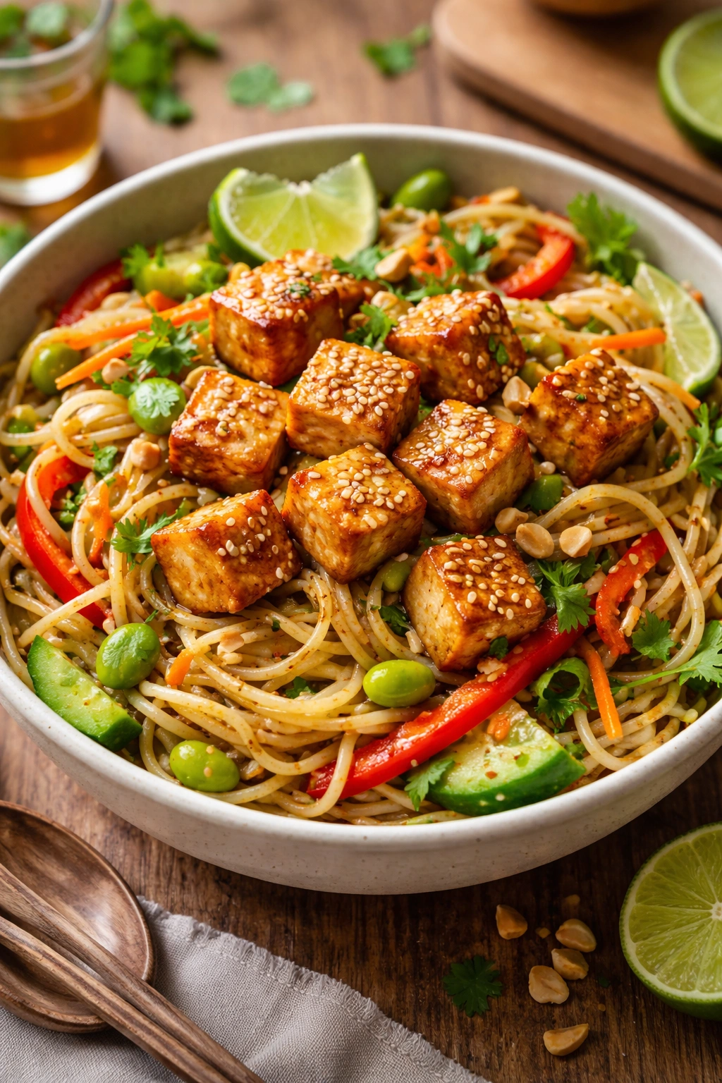 Tofu noodle bowl with vegetables and peanut sauce in a close-up