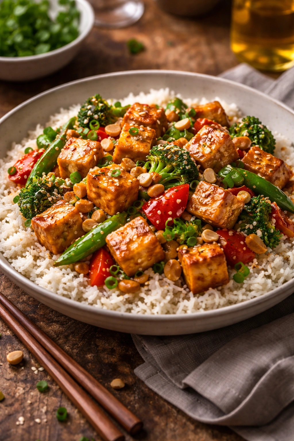 Close-up plate of tofu peanut stir-fry with rice