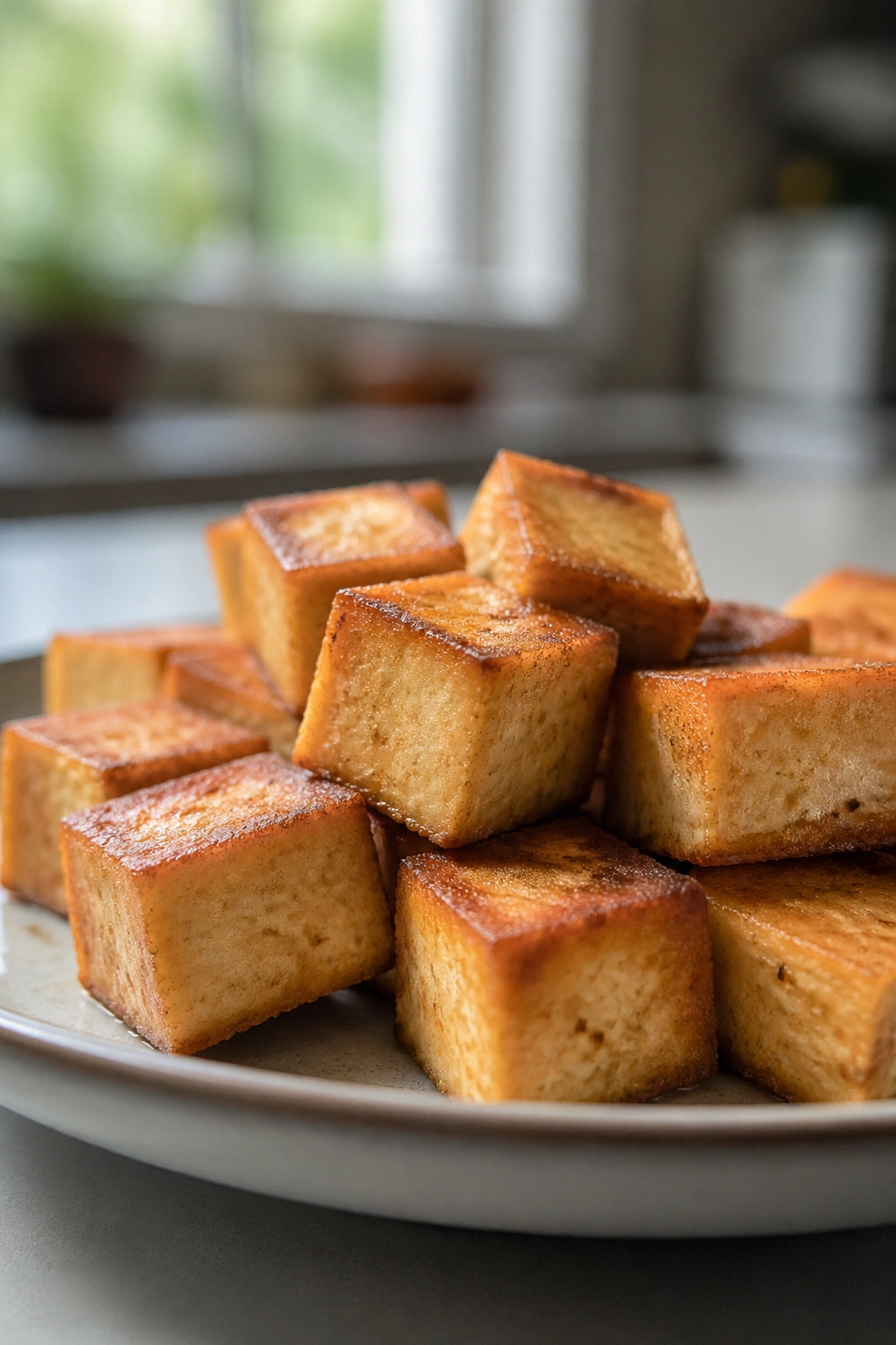 Close-up of browned firm tofu cubes on a plate in a kitchen