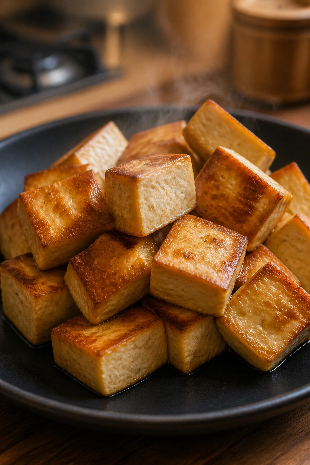 Medium close-up of firm tofu cubes on a dark plate
