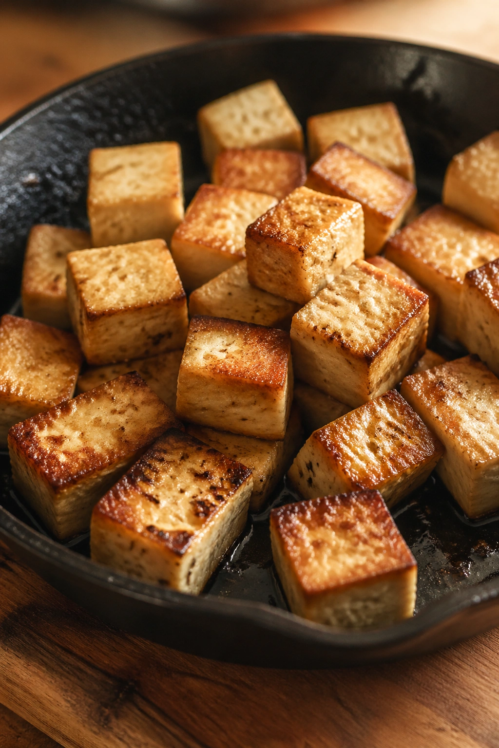 Close-up of golden-crusted firm tofu cubes in a skillet