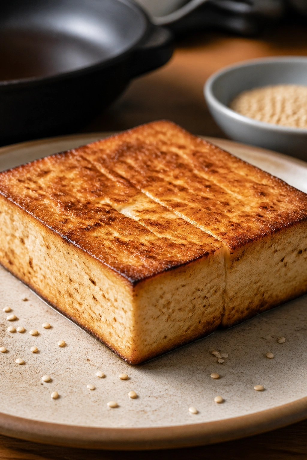 Close-up of browned firm tofu block on plate in a kitchen