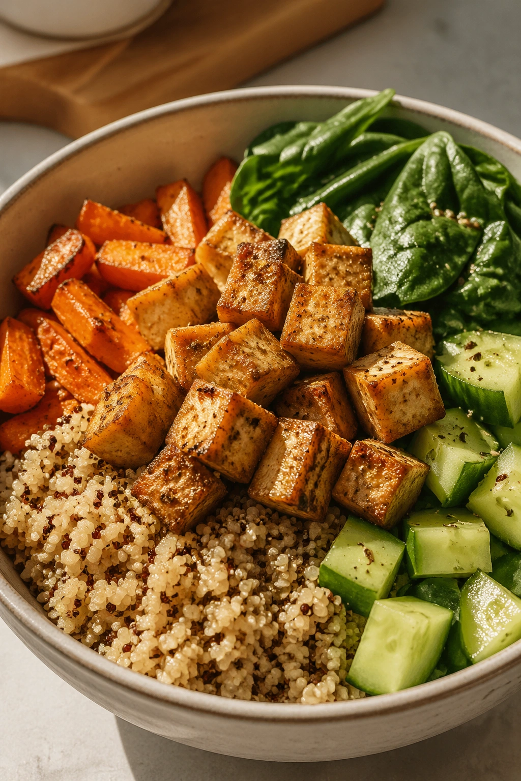 Close-up of tofu quinoa bowl with roasted vegetables