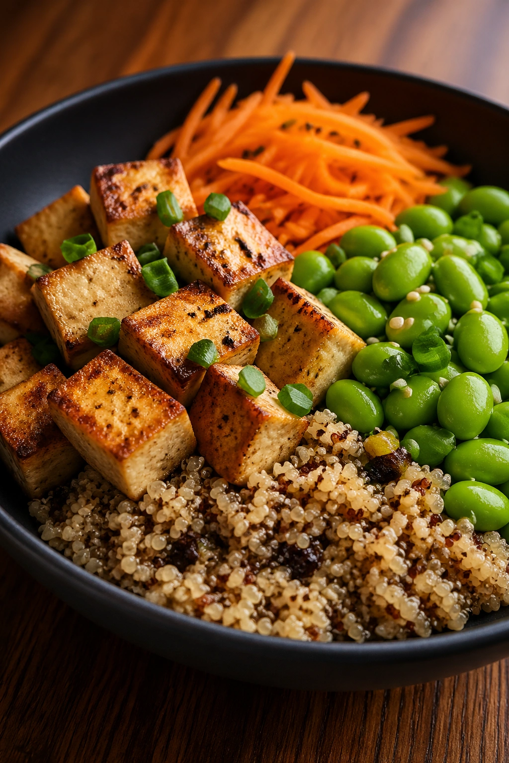 Close-up of tofu quinoa edamame bowl on a wooden table