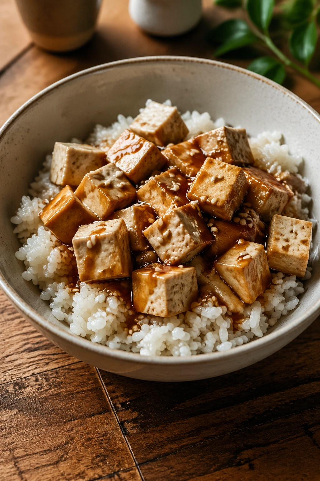 Medium close-up tofu rice bowl with soy sauce and sesame