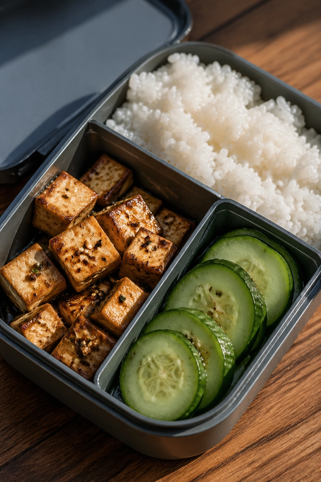 Tofu snack box with rice and cucumber