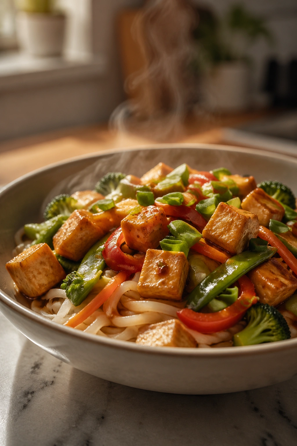 Tofu stir-fry with rice noodles in a bowl