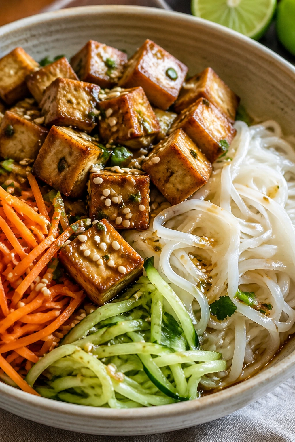 Close-up of tofu rice noodle bowl with sesame-lime sauce.