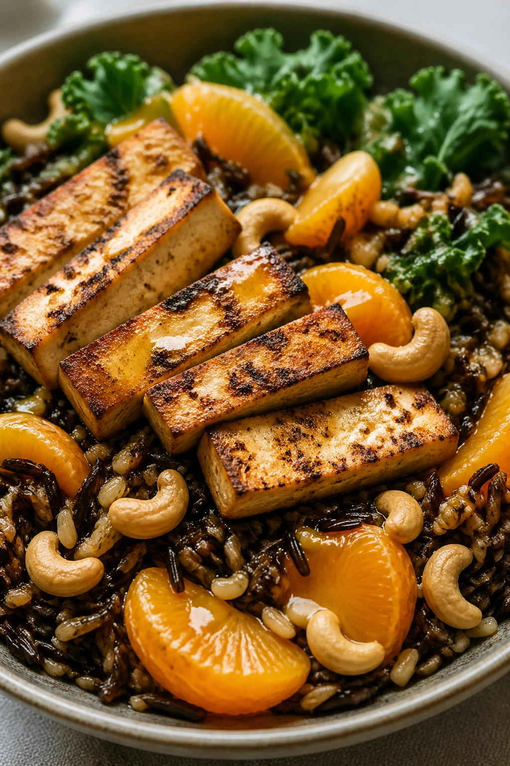 Close-up of Seared Tofu Orange Cashew Wild Rice Salad with tofu, orange segments, and cashews
