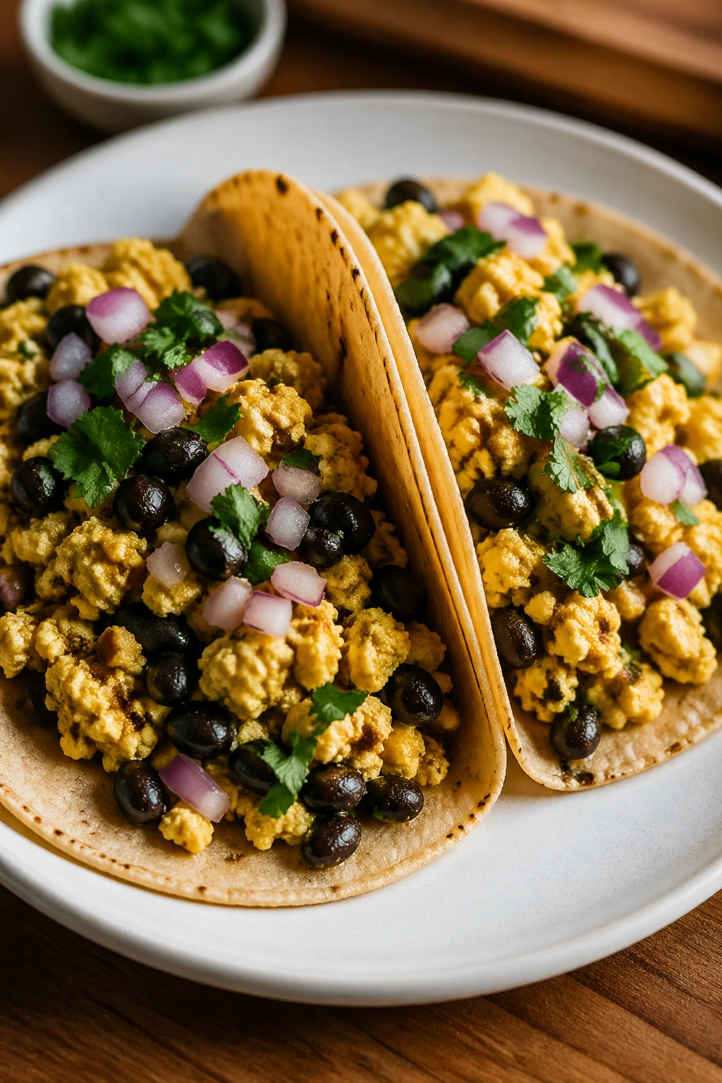 Tofu scramble tacos with black beans on plate in kitchen