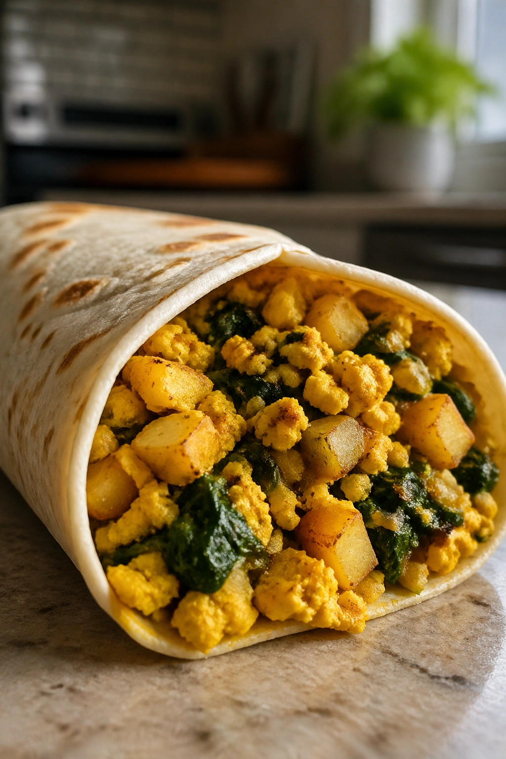 Close-up of tofu scramble breakfast burrito filling in a tortilla