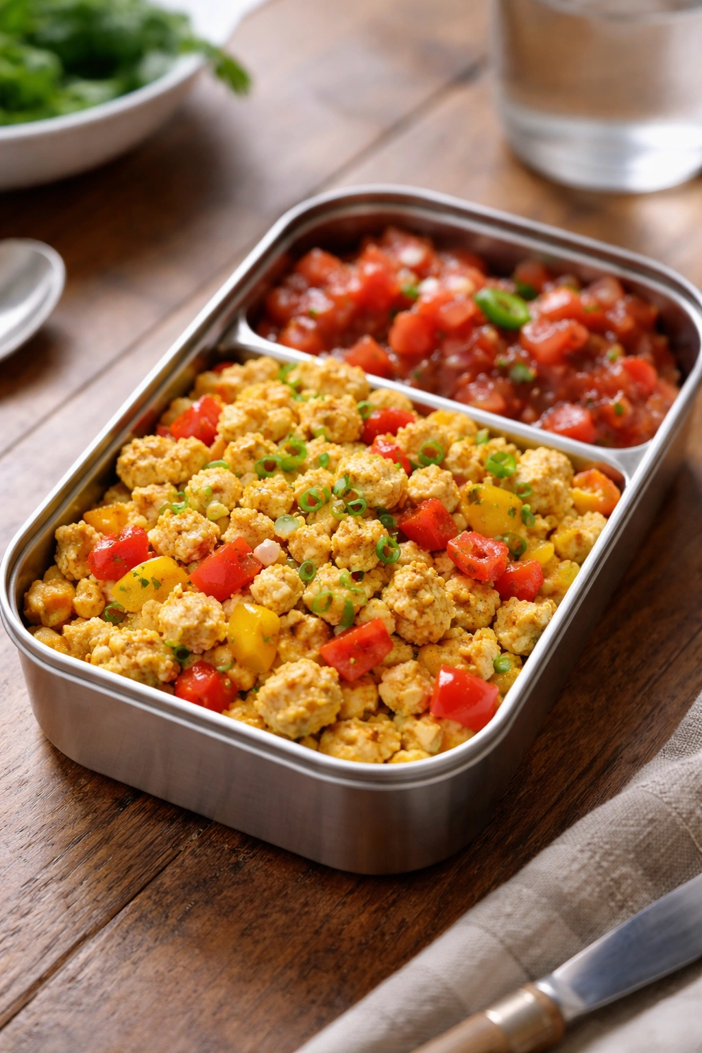 Open lunch box with tofu scramble and peppers, salsa, on a wooden table