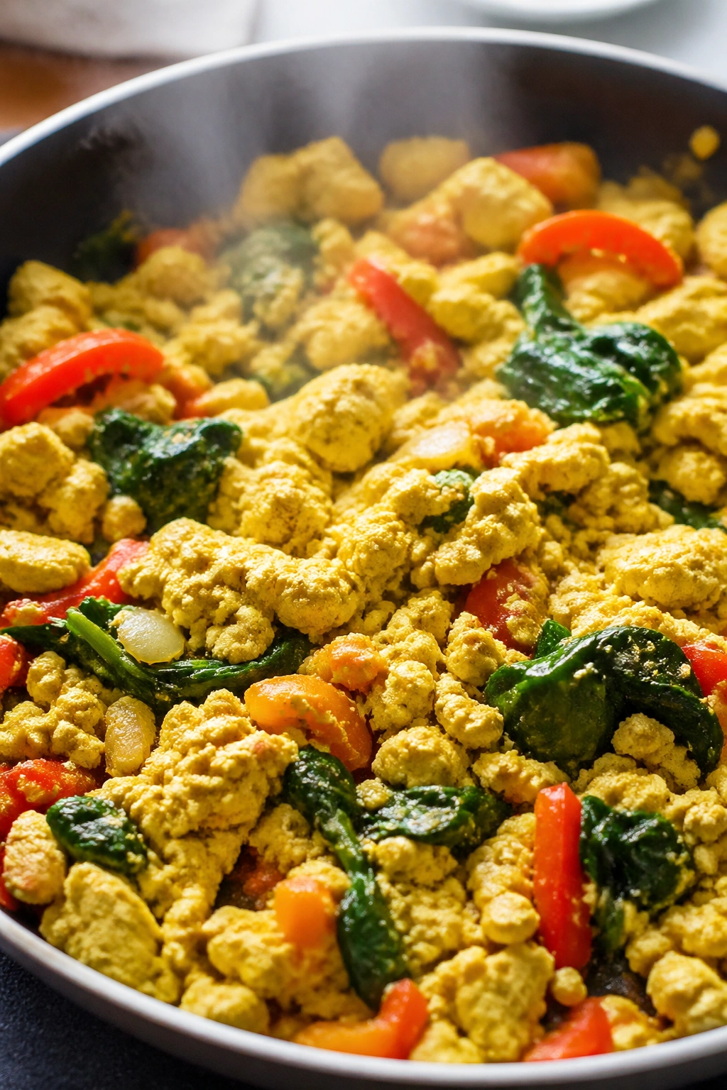 Close-up of tofu scramble with peppers and spinach in a skillet