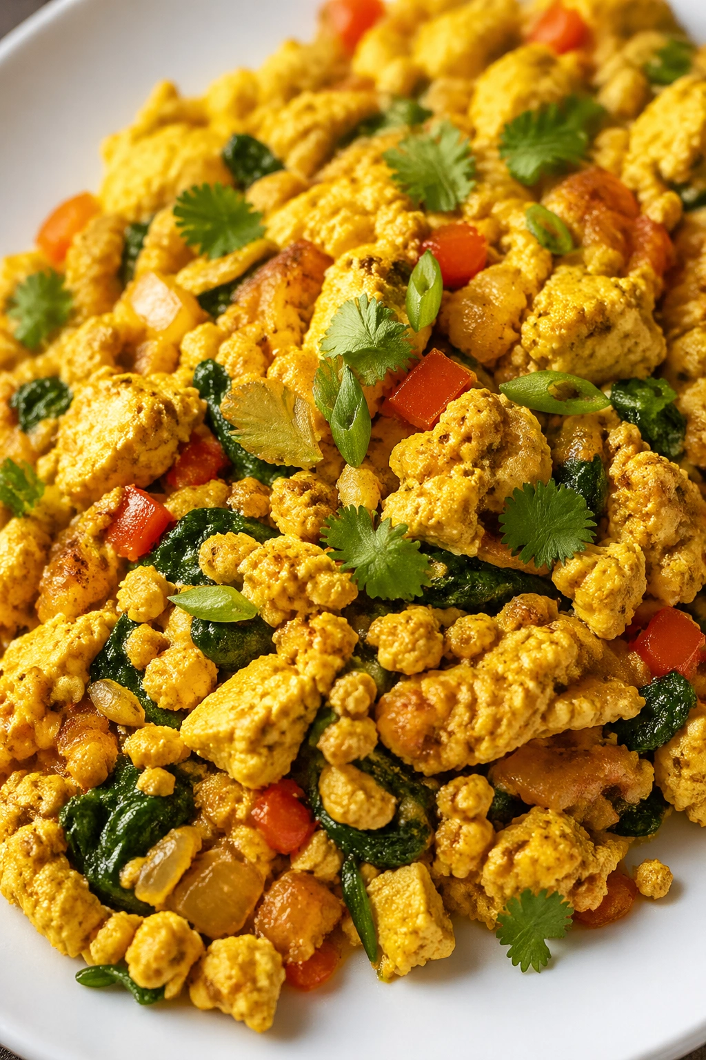 Close-up of tofu scramble on a plate with turmeric tint