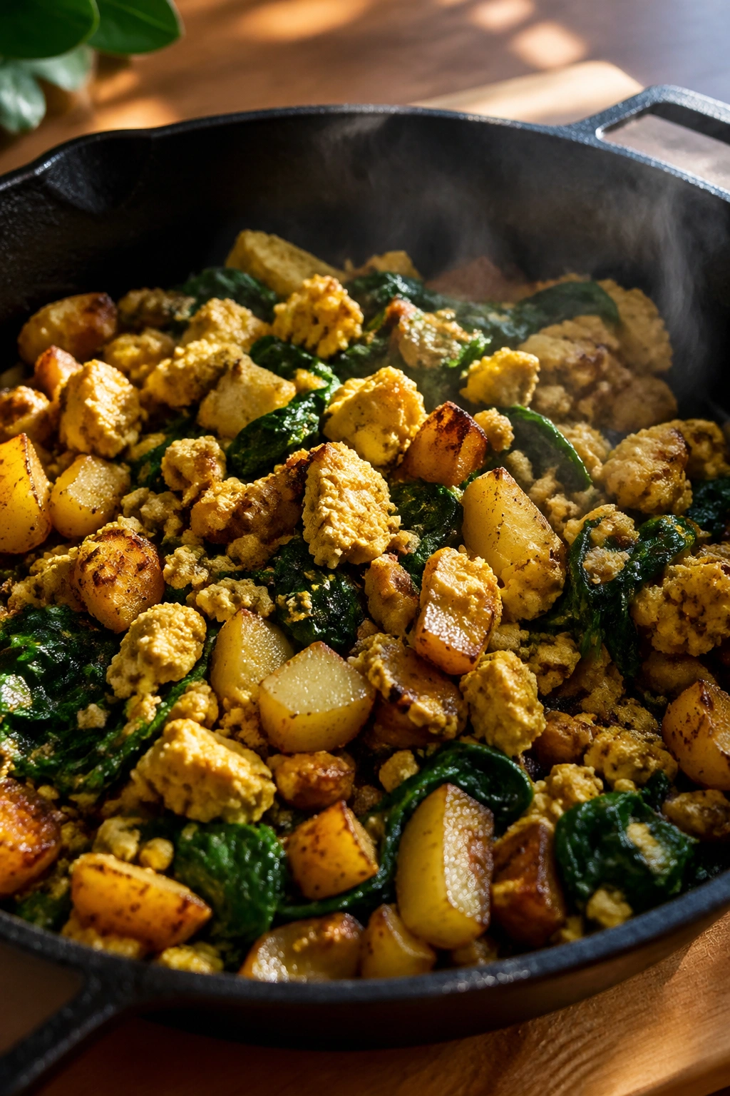 Close-up of tofu scramble with potatoes and spinach in a skillet under morning light