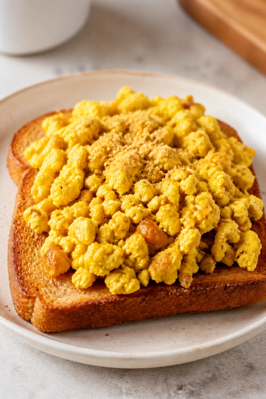 Toast with tofu scramble close-up on plate in kitchen light