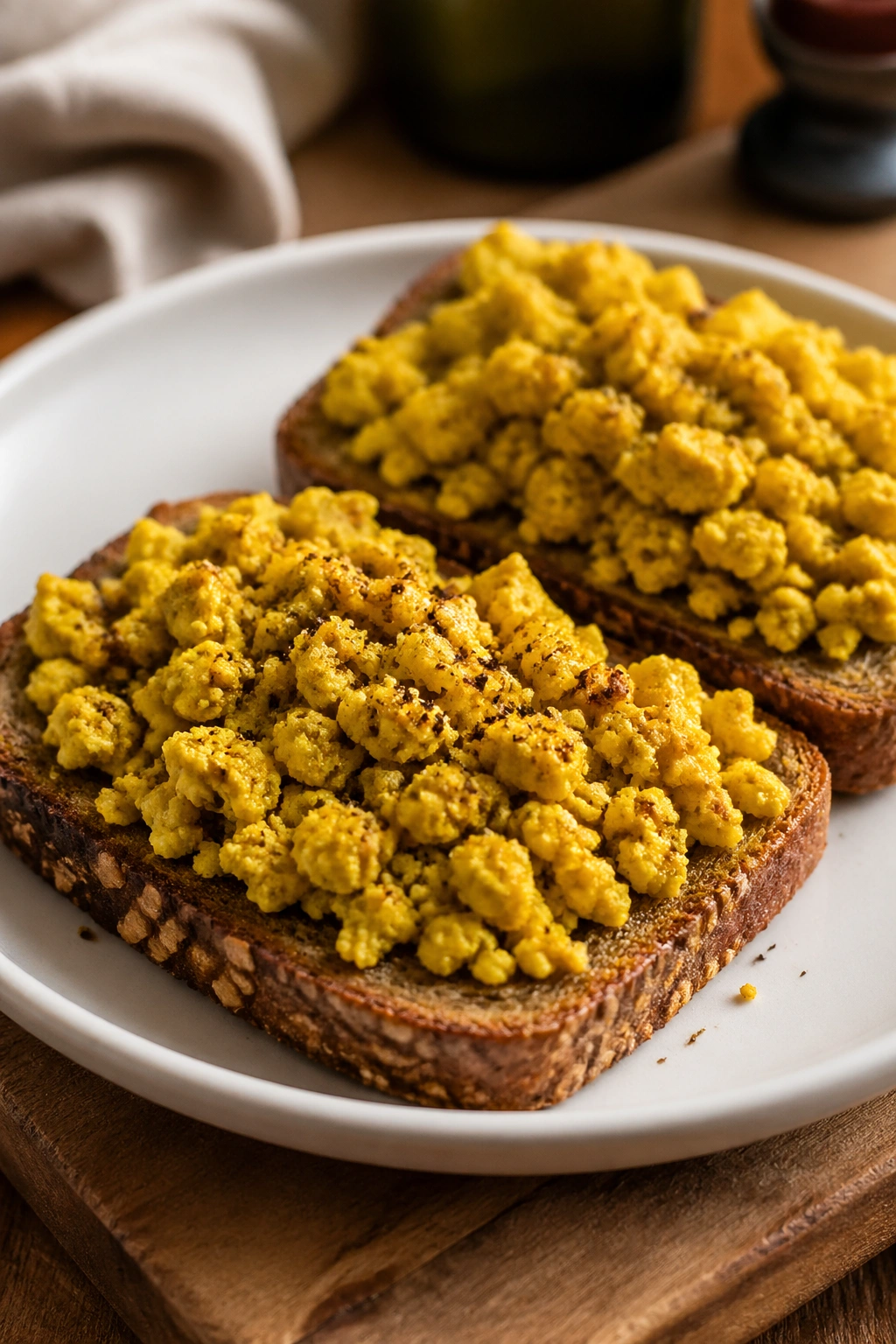 Close-up of tofu scramble on toast with turmeric and pepper on a wooden board