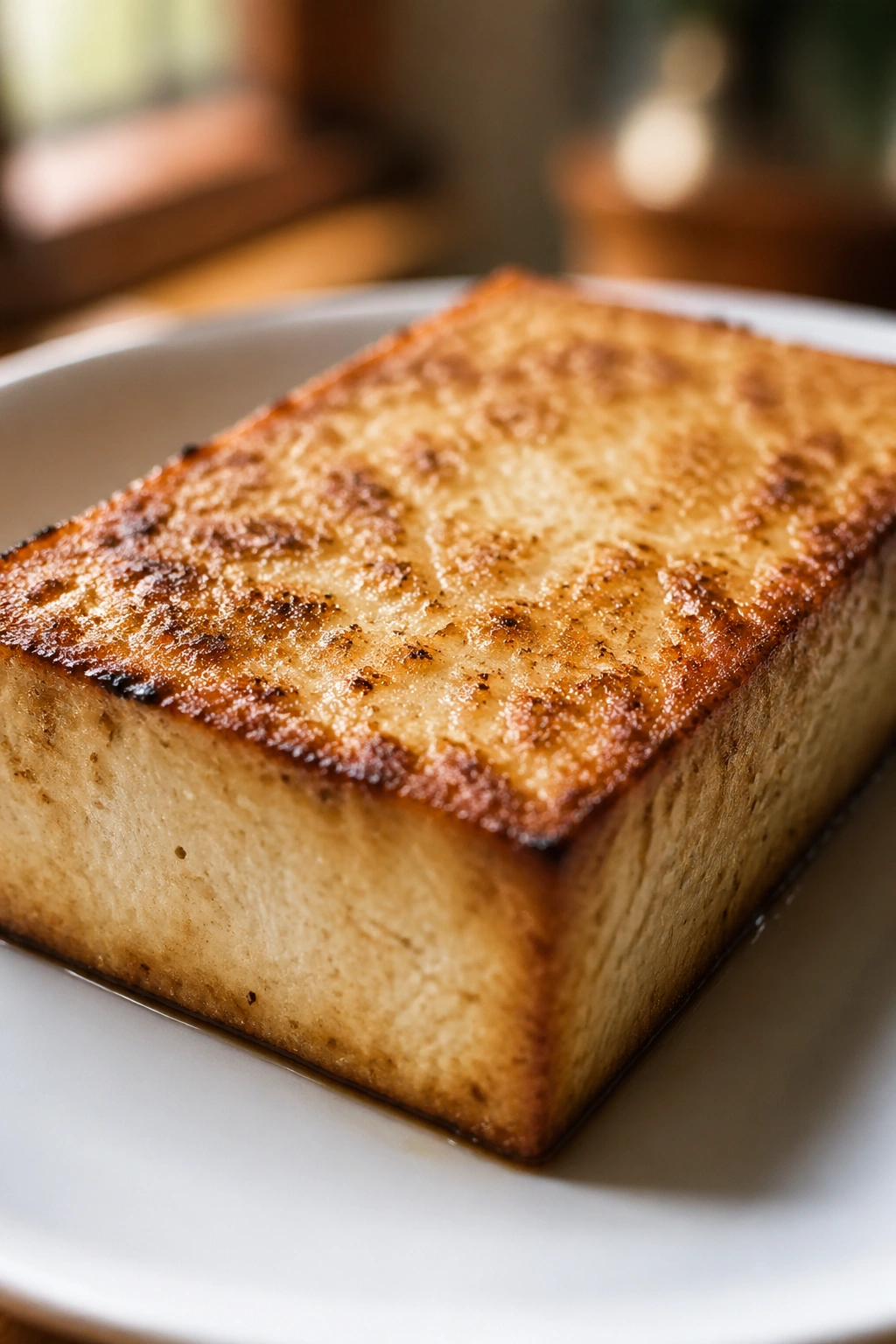Golden-crusted firm tofu on a plate in a warm kitchen